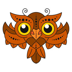 Cute Cartoon Owl With Feathers On White Background. Vector