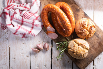 Country sausage with garlic and herbs. Traditional sausage