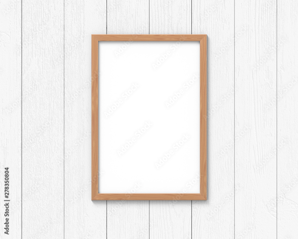 Poster vertical wooden frames mockup with a border hanging on the wall. empty base for picture or text. 3d 
