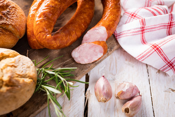 Sausage in composition with herbs, smoked sausage.