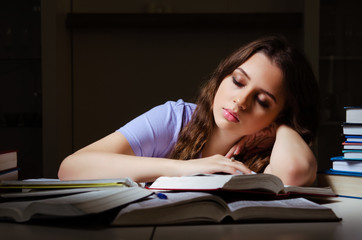 Young female student preparing for exams late at home 