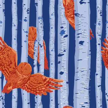 Sitting and flying owls with birsh trunks on the background