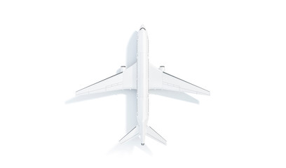 Blank white aeroplane mock up stand, top view isolated, 3d rendering. Clear company aerial airplane landing mockup. Empty boing model aircraft for brand and logotype template.