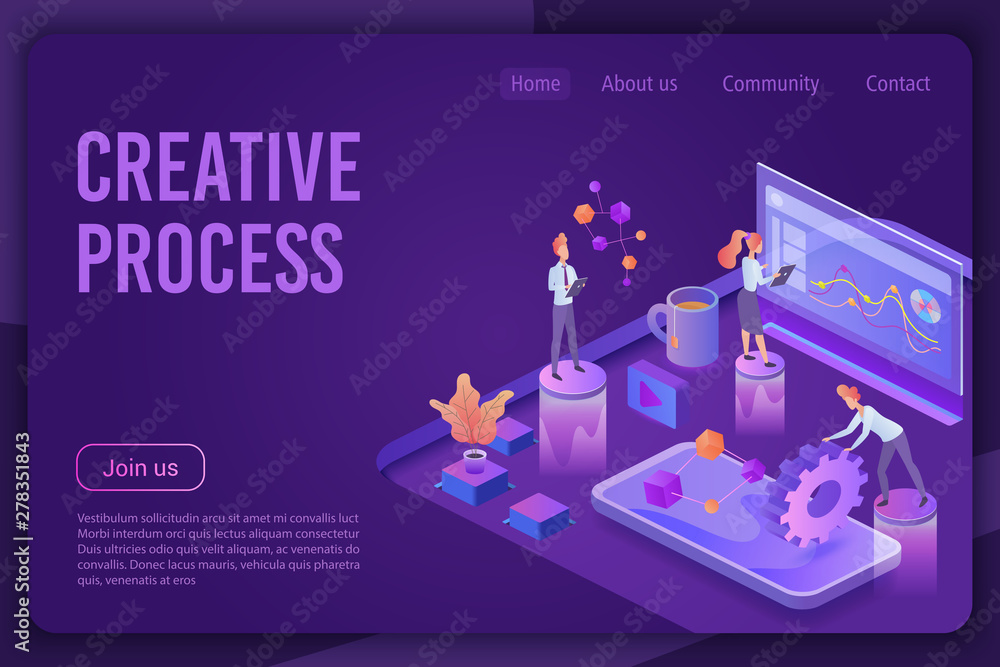 Poster creative process isometric dark violet neon light landing page vector template. graphic designer ser