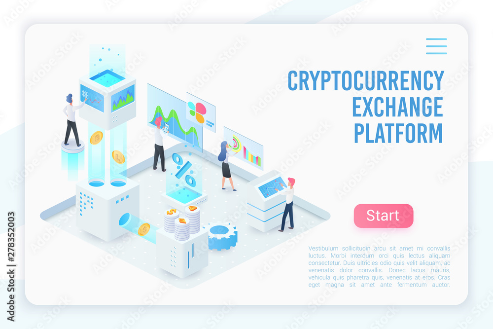 Poster Cryptocurrency exchange platform isometric landing page vector template. Blockchain service website design layout. Crypto currency investments, market, banking. Fintech 3d concept