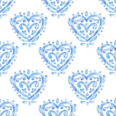 Hand drawn watercolor heart ornament, blue seamless pattern, vintage repeating background.