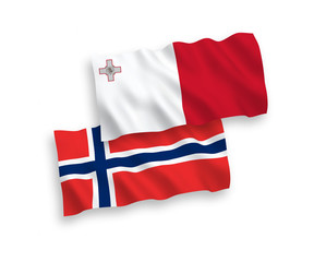 National vector fabric wave flags of Norway and Malta isolated on white background. 1 to 2 proportion.