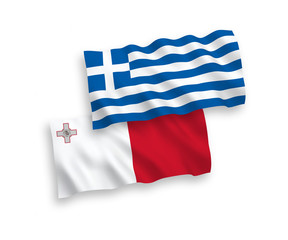 National vector fabric wave flags of Greece and Malta isolated on white background. 1 to 2 proportion.