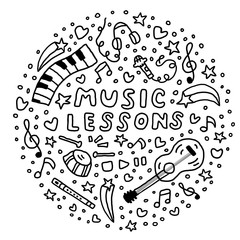 Music lessons vector illustration in doodle style.