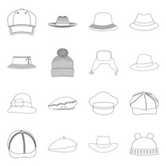 Vector illustration of headgear and cap icon. Set of headgear and accessory vector icon for stock.
