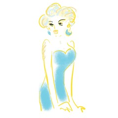 Abstract blonde woman painting in blue dress. Glamor style, light evening dress with corsage, neckline. Whipped short hair in style of Marilyn Monroe. Sensual sketch for print, card, poster, design