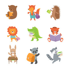 Cute school animals. Bear and fox, lion and crocodile, tiger and panda. Vector school baby animals set. Illustration of bear and crocodile, koala and tiger