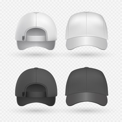 Realistic black and white sport caps isolated on transparent background. Baseball hat design templates vector illustration