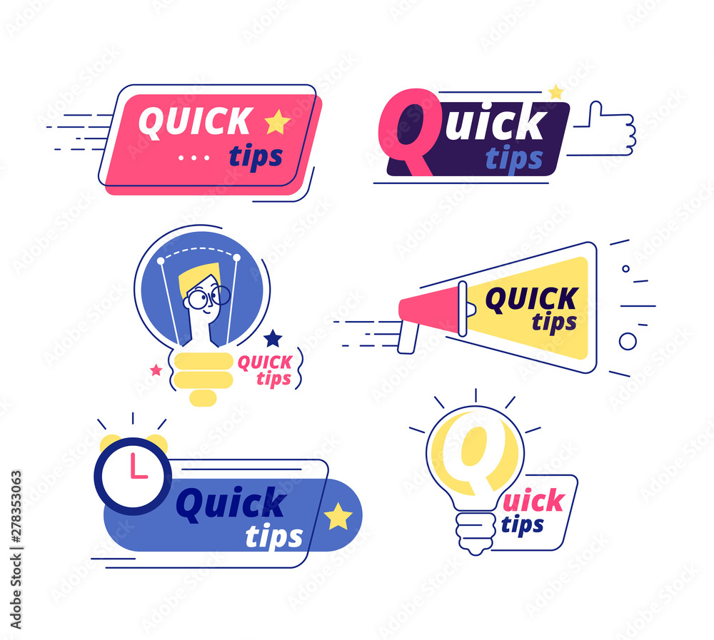 Poster Quick tip. Tricks quick tips solution logos helpful advice text shapes isolated vector labels. Illustration of quick info, suggestion and reminde tips