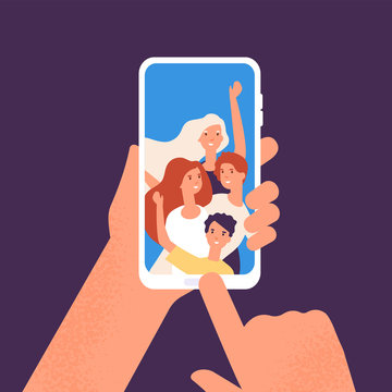 Phone with friends photo. Hands holding smartphone with happy smiling people portraits together. Taking friend selfie vector illustration concept