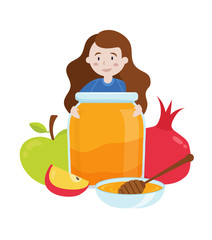 Rosh Hashanah, Little girl holding honey jar with apples and pomegranate rosh hashanah symbols. Vector