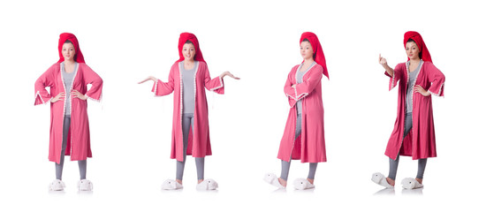 Housewife after taking the shower on white