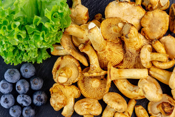 background from chanterelle mushrooms with blueberries and green salad.