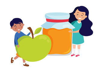 Kids holding honey jar and apple, Rosh Hashanah symbols. Vector