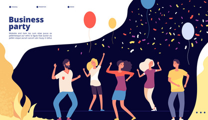 Party landing. Happy young persons dance, celebrate on corporate business party, joyful crowd dancing web page vector design. Party company together, celebrate colleague illustration