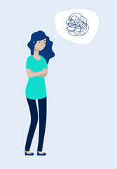 Depressed woman concept. Female feels depression, messy complicated mind, unhappy teen. Solitude grief stress anxiety headache vector. Illustration of unhappy and sad, depressed girl, person sadness