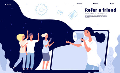 Refer a friend. People shouting on megaphone friendly buzzing, friends business reference landing page vector template. Illustration of reference friend, megaphone recommend use network - obrazy, fototapety, plakaty