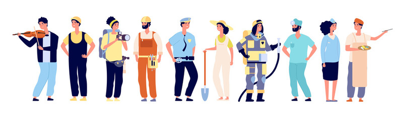 Different professionals. Policeman and fireman, doctor and stewardess, artist and musician, builder. Workers vector characters. Illustration of character fireman and doctor, builder and photographer