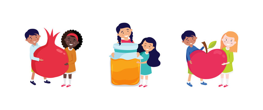 shana tova greeting card with happy kids holding rosh hashana symbols, appla, pomegranate and honey. Vector