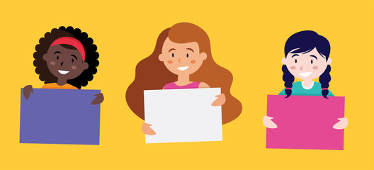 back to school banner, 3 happy little girls holding signs with place for your text. Vector