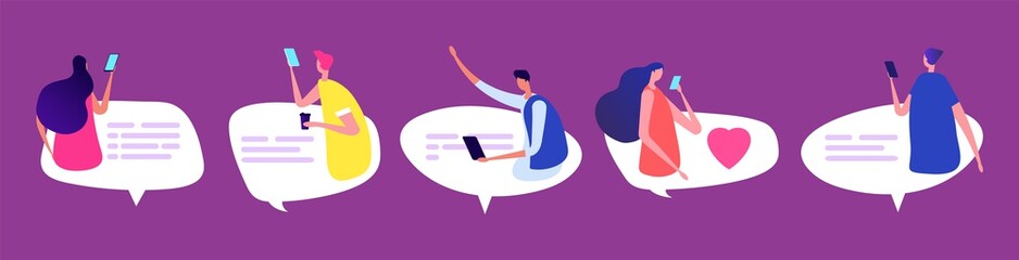 People online chatting. Men and women with speech bubbles. Friendly international chat vector illustration. Online chatting people, woman and man speech community