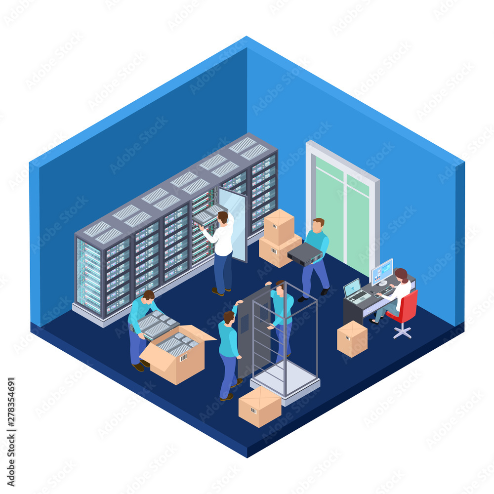 Poster server room isometric. information technology server engineer 3d vector illustration. datacenter sys