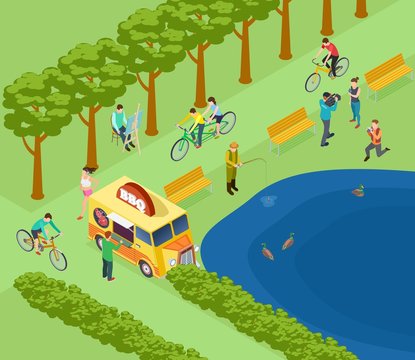 People relax in park, ride bicycle, photograph and fishing, eat and jogging. Isometric green park vector illustration concept