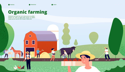 Farmer landing page. Agricultural workers work with equipment in nature, agriculture and organic farming vector concept. Farmer agriculture, farm work agricultural illustration