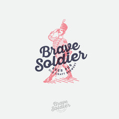 Brave Soldier logo. Beer label. Pub emblem. Engraved illustration of brave soldier and vintage lettering. Craft beer brewery. 