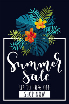 Summer Sale vertical banner. Up to 50 per cent discount offer. Tropical design with monstera leaves and hibiscus flowers. Bright jungle vivid optimistic juicy colors. Bouncy lettering. Vector