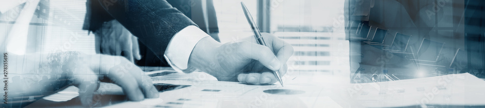 Wall mural business man signing a contract. website header banner progect panorama.