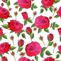 pattern of red roses and green leaves on white