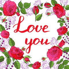 lettering about love inside heart of beautiful red roses and green leaves
