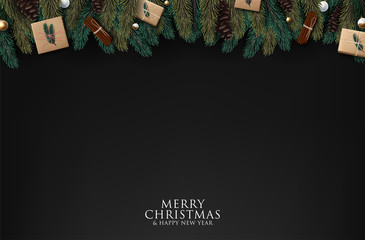 Christmas tree branches on wooden background, vector illustration