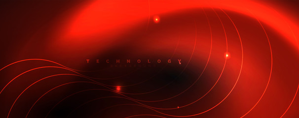 Dark abstract background with bright color neon lights and lines. Glowing background