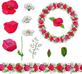 set of brushes and wreath and isolated flowers of pink poppy and white camomile