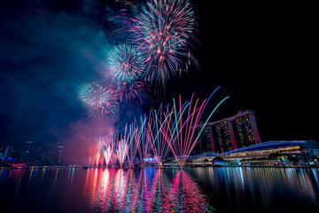 Singapore national day fireworks with Marina Bay Sands background