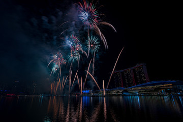 Singapore national day fireworks with Marina Bay Sands background