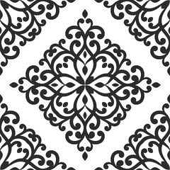 Black and white luxury seamless pattern with ornamental rhombus. Traditional Turkish, Indian motifs. Great for fabric and textile, wallpaper, packaging or any desired idea.
