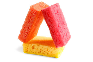 Domestic needs. Orange and red sponges are on yellow. Joyful colors improve mood, make housework easy and enjoyable. isolate