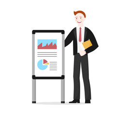 Flat Cartoon startup businessman showing presentation. Entrepreneur explaining business concept. Student presenting project