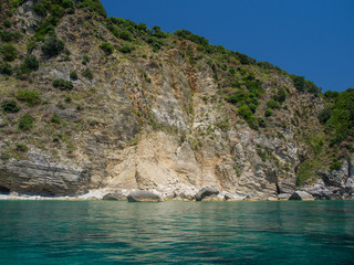 Rocky shores and blue Adriatic sea near the town of Budva, Montenegro