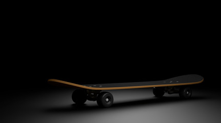 Skateboard isolated on a black background. 3D rendering illistration