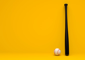 Baseball ball and baseball bat isolated on a pastel yellow background. Minimal creative sports concept. 3D rendering illistration