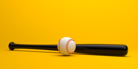 Baseball ball and baseball bat isolated on a pastel yellow background. Minimal creative sports concept. 3D rendering illistration